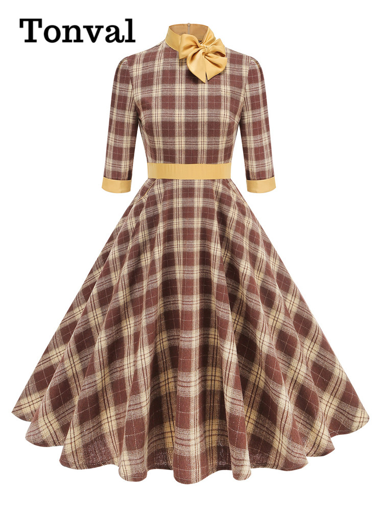 Women'S Fashion Of The 50S - Tonval Mock boyun ilmek ekose 50s